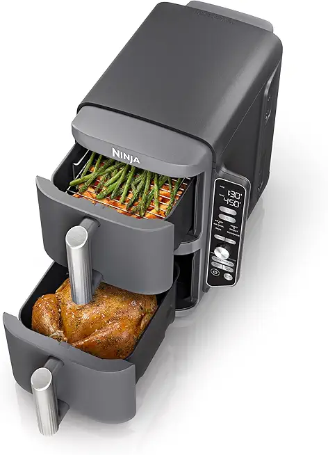 SL401 DoubleStack XL 2-Basket Air Fryer, DoubleStack Technology Cooks 4 Foods at Once, Compact Design, 10 QT, 6-in-1, Smart Finish & Match Cook, Air Fry, Broil, Bake, Easy Meals, Easy Clean,Grey