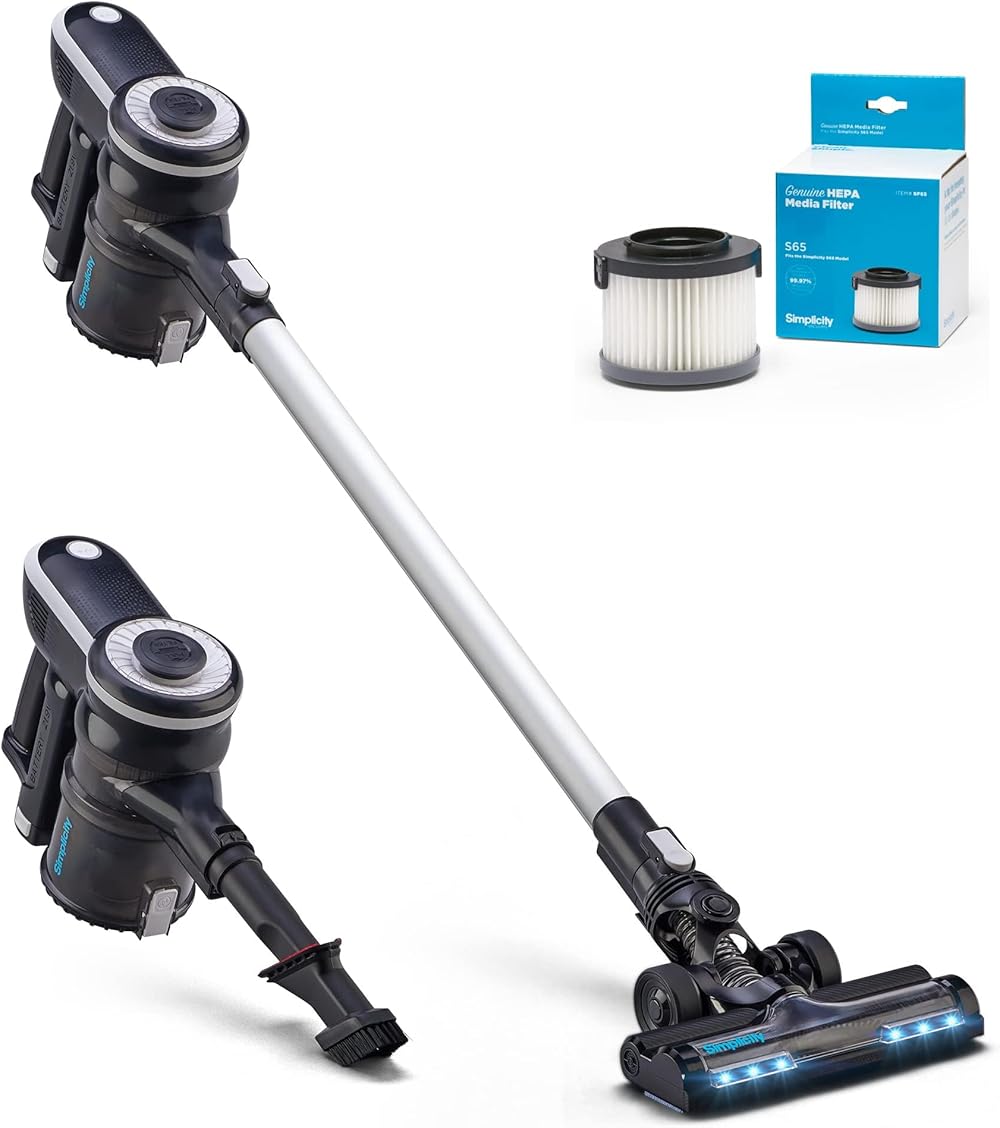 Simplicity Vacuums S65S Lightweight Cordless Vacuum Cleaner and SF65 Filter Bundle, Vacuum for Carpet and Hardwood Floors, Multi-use Handheld Vacuum with Tools, Certified HEPA Filter