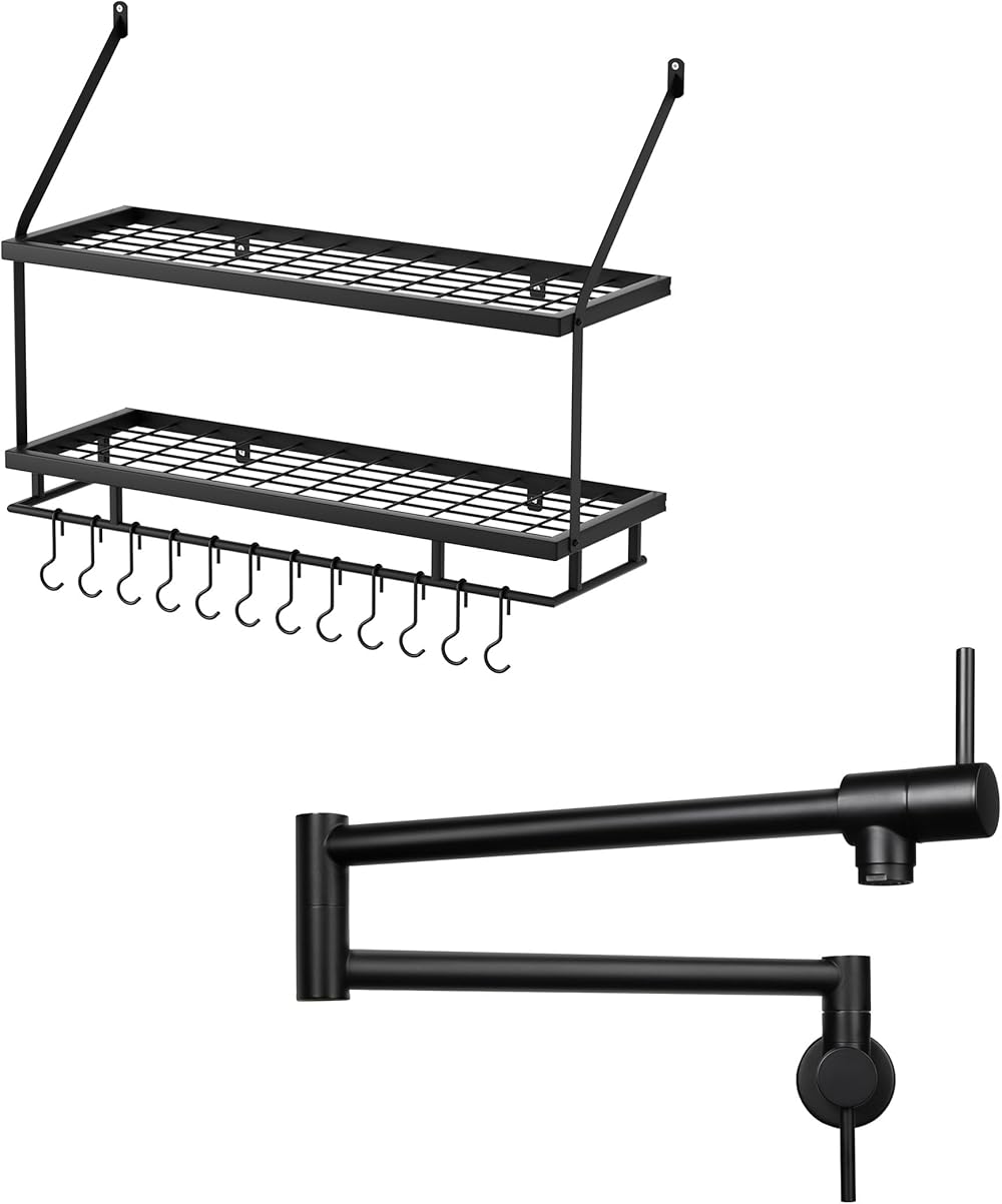 KES 2-Tier Wall Shelf for Pots and Pans with 12 Hooks 25.6