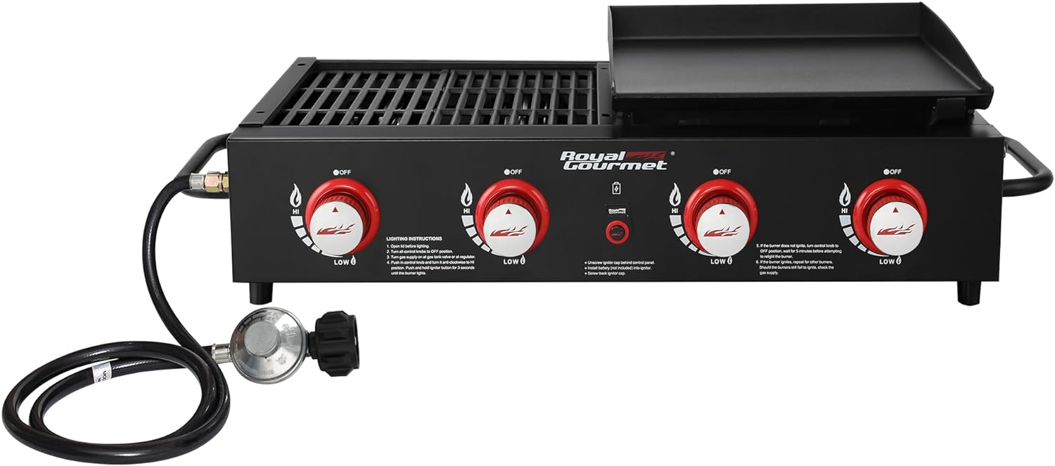 Royal Gourmet GD4002T Tailgater Tabletop Gas Grill Griddle, 4-Burner Portable Propane Grill Griddle Combo, 40 000 BTU, Black