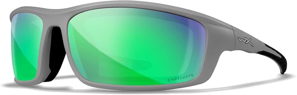 Wiley X WX Grid Captivate Polarized Sunglasses, Safety Glasses for Men and Women, UV Eye Protection for Shooting, Fishing, Biking, and Extreme Sports, Matte Cool Grey Frames, Green Mirror Lenses