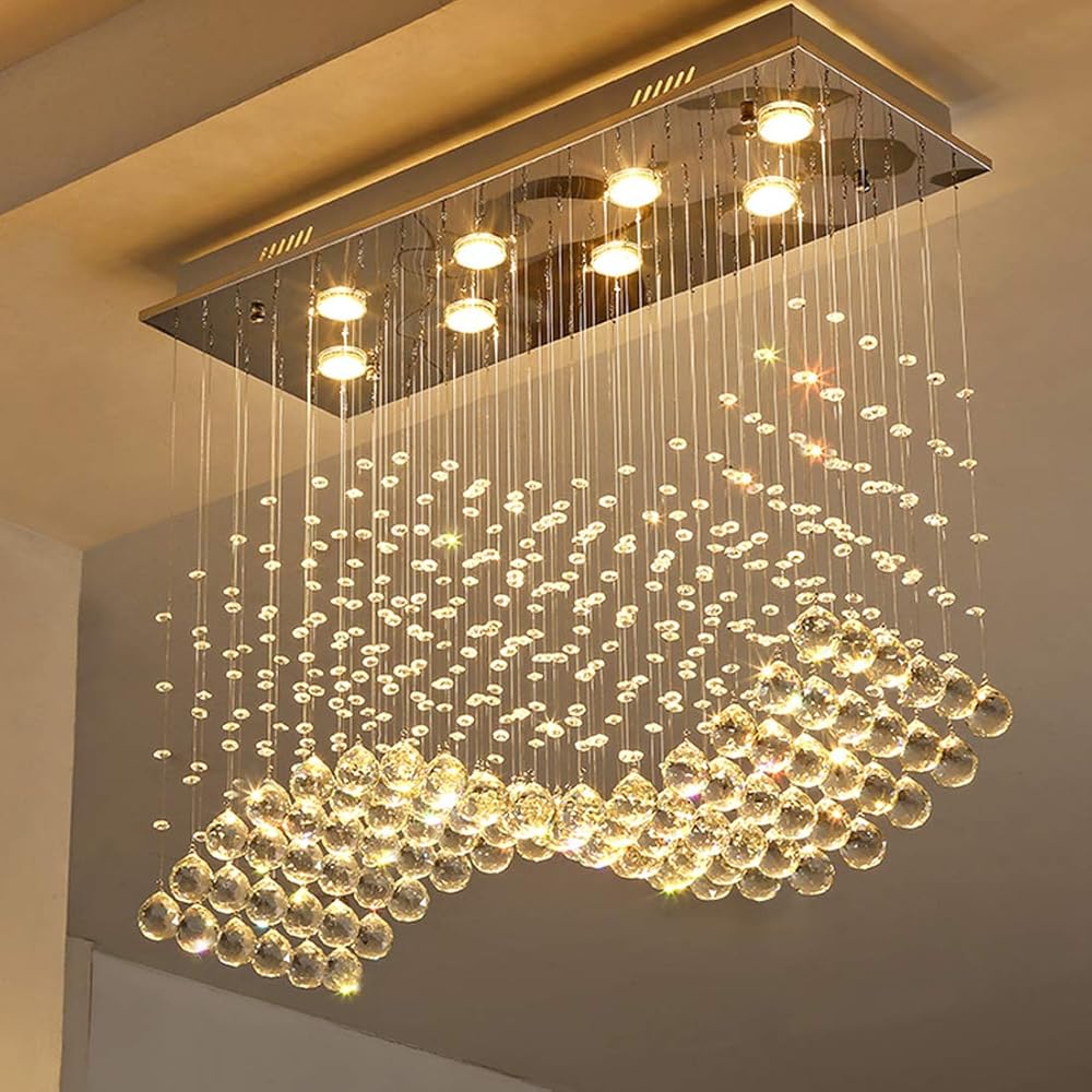 8-Lights Modern Rectangular Crystal Chandelier Lighting Wave Raindrop Pendent Flush Mount Ceiling Light Fixture for Dining Room L31.5 x W11.8 x H27.6