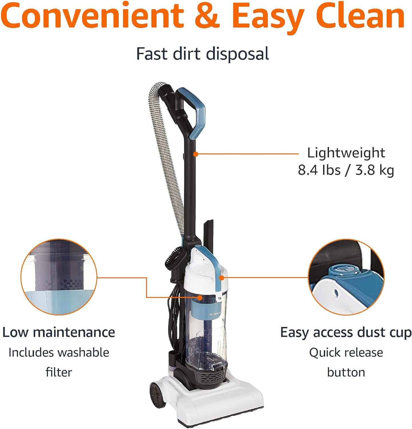 Amazon Basics Upright Bagless Lightweight Vacuum Cleaner, Black and White