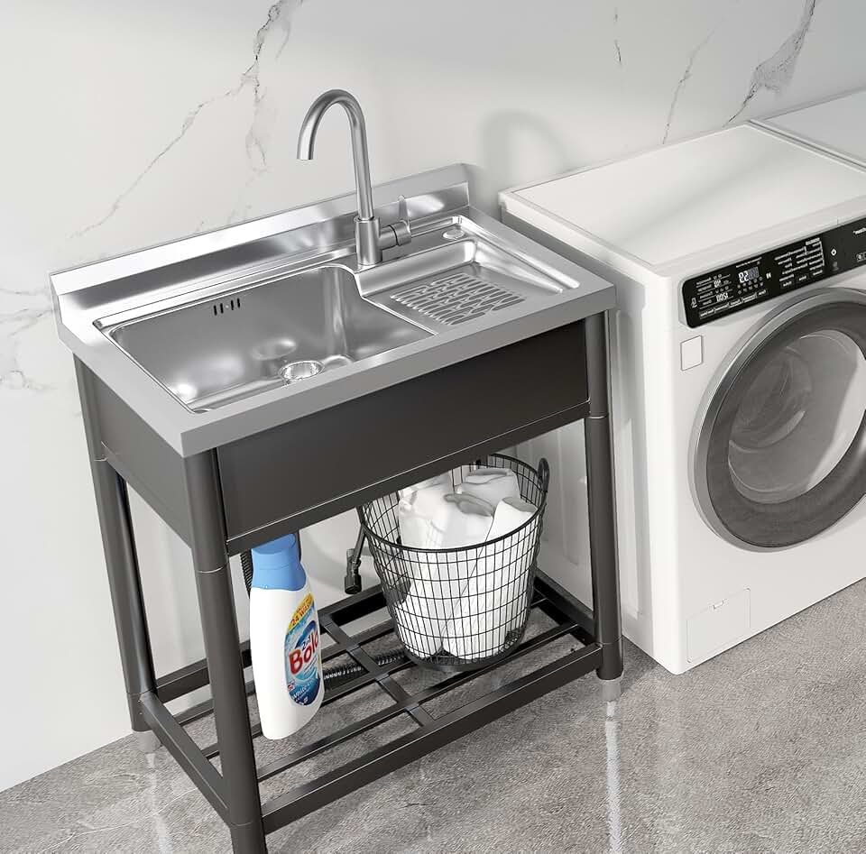 Stainless Steel Utility Sink, Free Standing Laundry Sink with Washboard, Laundry Tub Sink with Cold and Hot Water Faucet for Laundry Room Garage Indoor Sink, Black Frame, 20.8