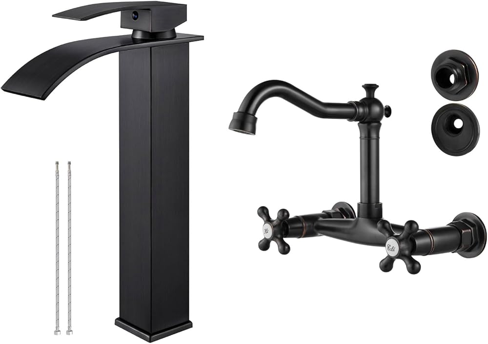 Airuida Tall Vessel Sink Faucet Oil Rubbed Bronze, Single Handle Single Hole Tall Waterfall Bathroom Faucet Wall Mount Faucet 8 Inch Center Tap for Kitchen Sink Wall Mounted Commercial Sink