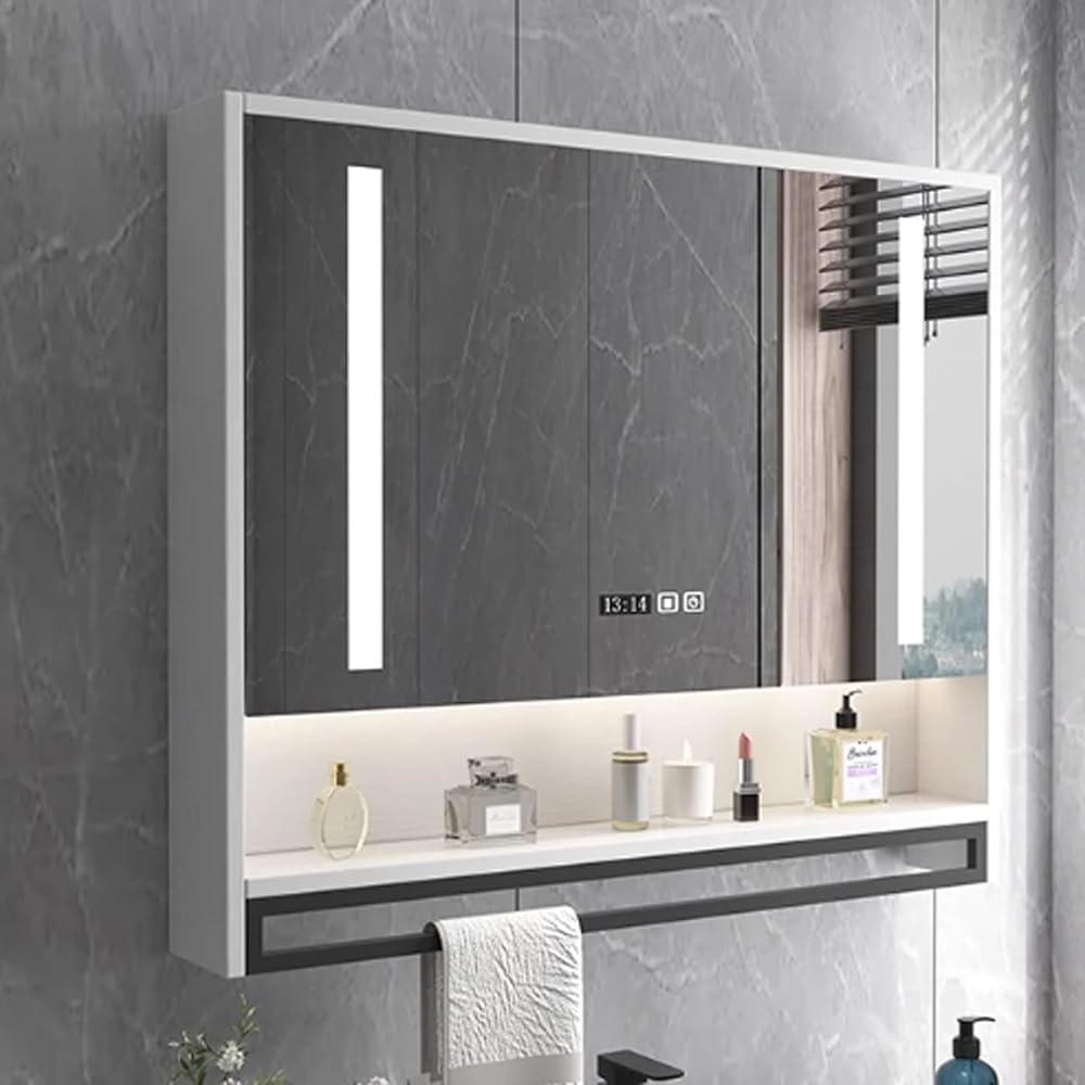 Medicine cabinet with HD mirror，bathroom mirror with anti fog，Modern Smart medicine cabinet mirror with LED lights，bathroom storage organizer Clock and Temper Display，With towel bar，Touch Switch ( Col
