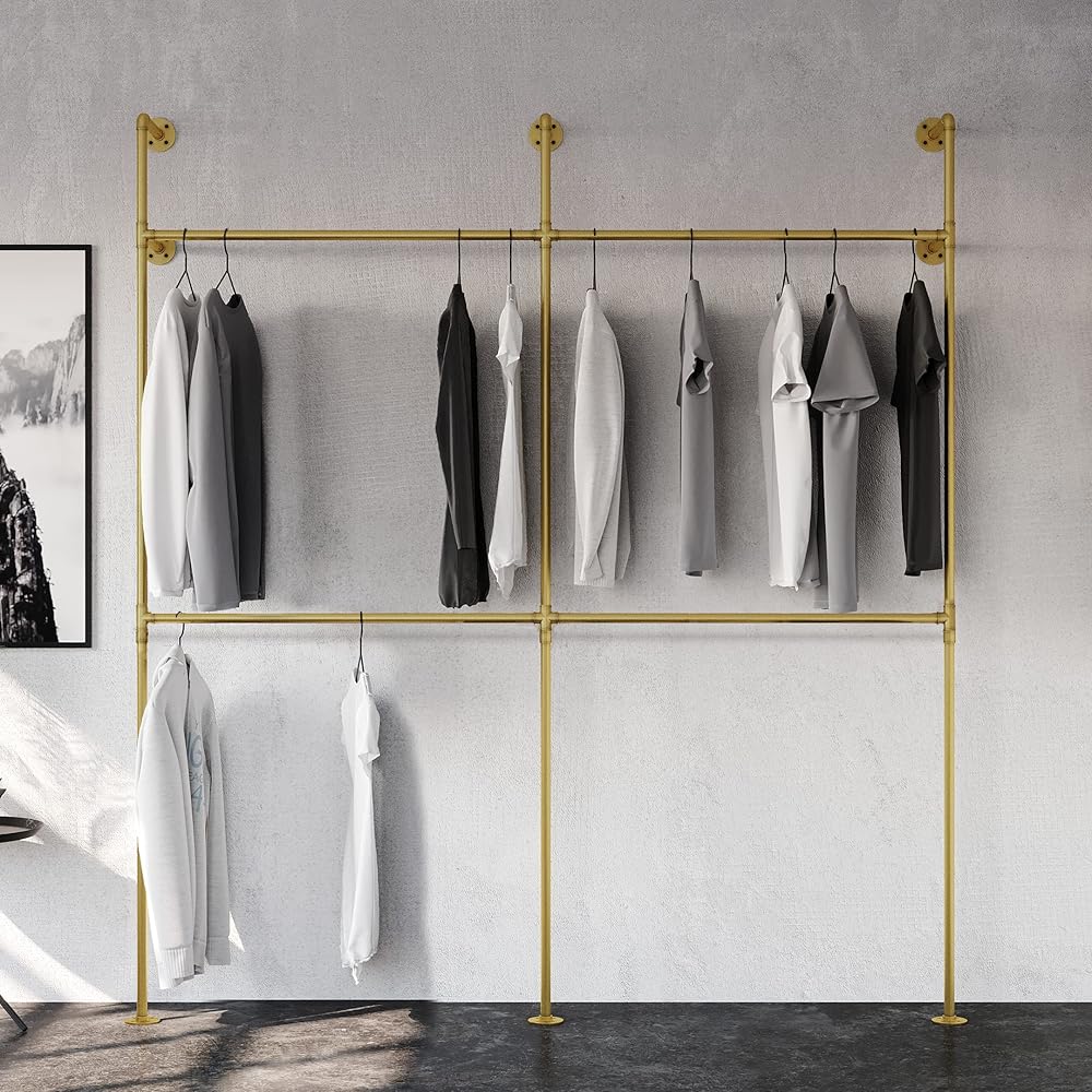pamo Industrial pipe clothing rack metal gold - Wall mounted clothes racks for hanging clothes - Modern walk in closet - KIM II DOUBLE gold