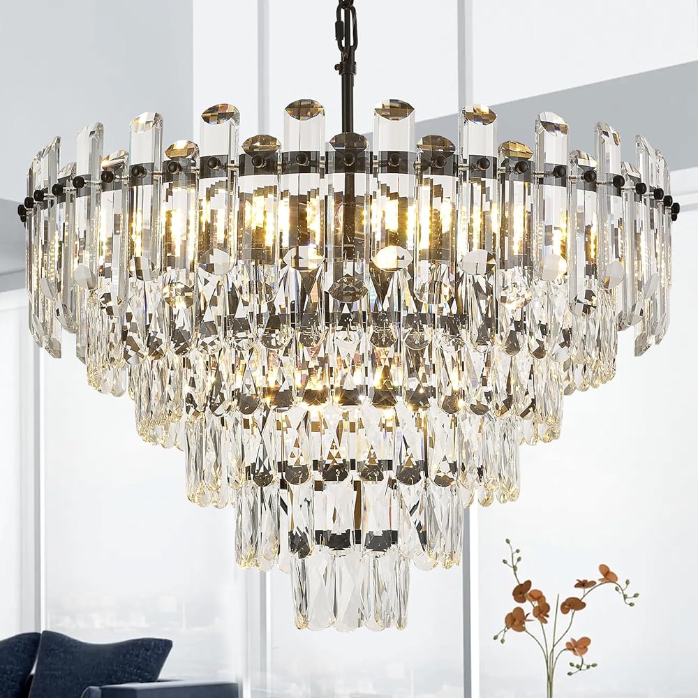 6-Tiers Modern Crystal Chandelier Black 12-Light 23.6'' Contemporary Round Pendant Chandeliers Light Luxury Ceiling Hanging Lighting for Living Dining Room Bedroom Kitchen Island Foyer