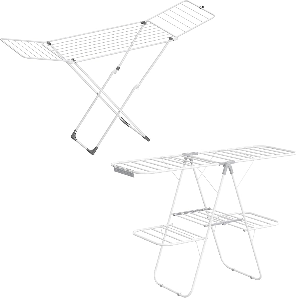 SONGMICS Two-Level Clothes Drying Rack and Metal Clothes Drying Rack Bundle, Foldable Laundry Drying Rack, Laundry Drying Rack with Gullwings, White and Gray ULLR053G01 and ULLR540W01