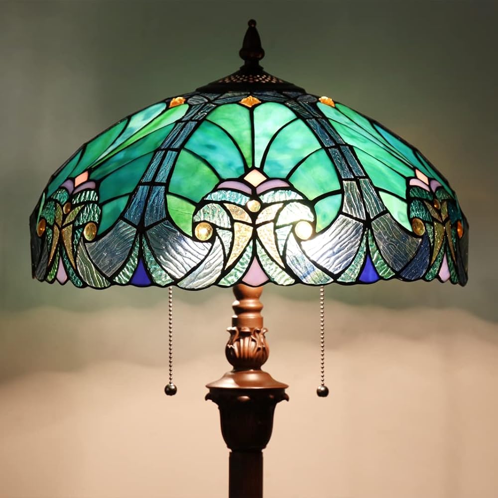 Tiffany Floor Lamp,Stained Glass Lamp Shade,Vintage Antique Style Standing Double Light for Living Room & Bedroom