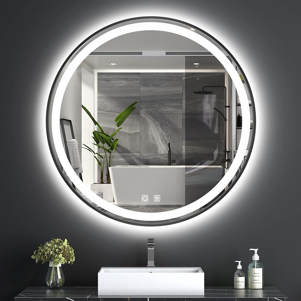 LED 36 inch Black Round Bathroom Mirror with 3 Colors Lights Tempered Glass Anti-Fog Dimmable Lighted Bathroom Vanity Round Mirror for Wall