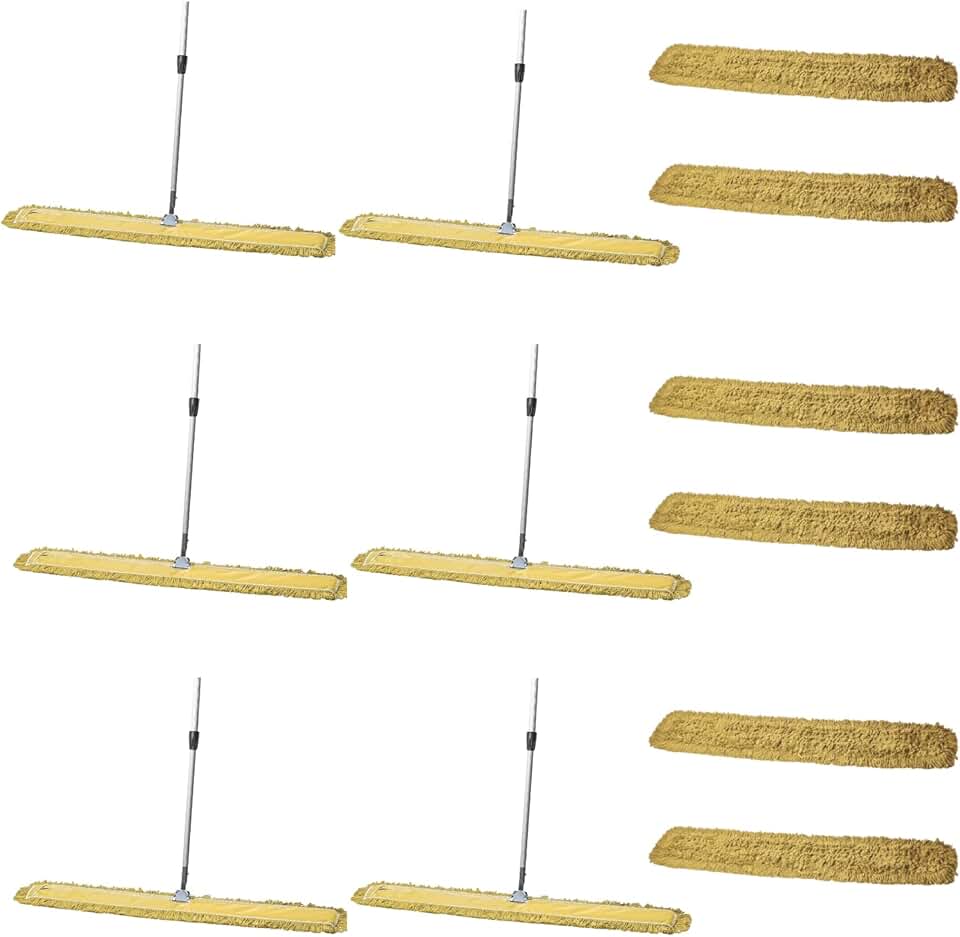 48 Inch Yellow Dust Mop with Metal Handle and 48 Inch Dust Mop Refill Bundle - 6 Mop Sets and 6 Refills