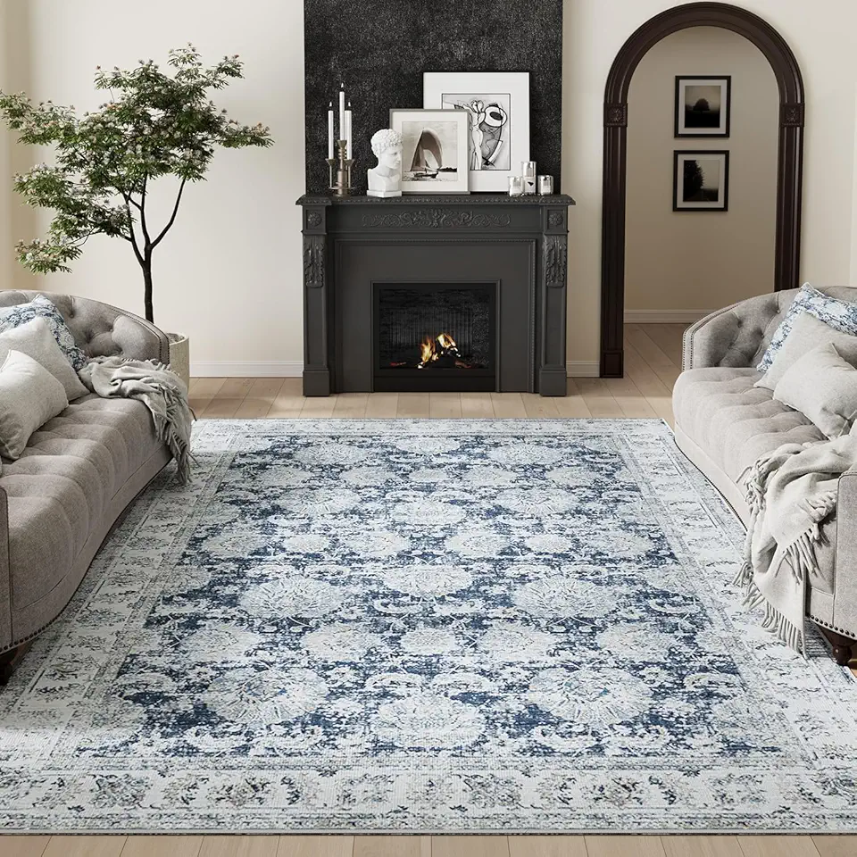 jinchan Living Room Area Rug 10x12 - Low Pile Washable Rug Stain Resistant Vintage Rug Large Boho Rug Ultra-Thin Non Slip Carpet Floral Print Distressed Rug for Bedroom Dining Room Farmhouse Dark Blue