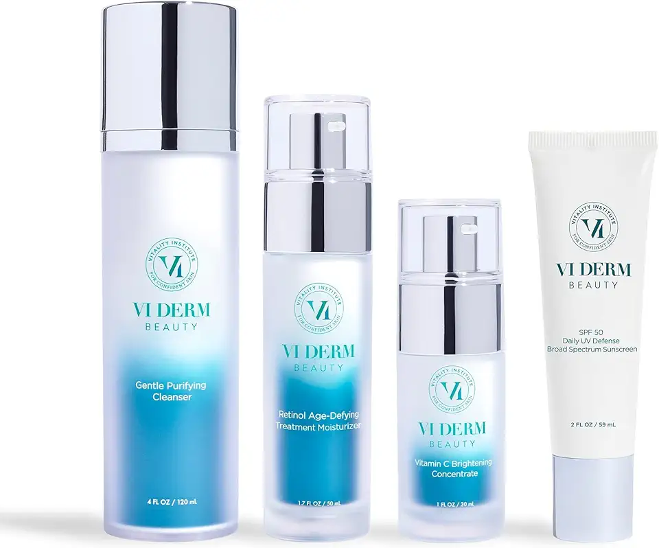 VI DERM Healthy Skin Kit | Contains Hydrating Gentle Purifying Cleanser, Age-Defying Moisturizer, Vitamin C Brightening Concentrate, and Lightweight SPF 50 Broad Spectrum Sunscreen