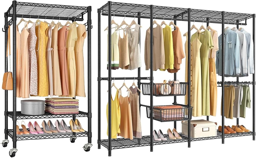 VIPEK R1 & V40 Pro Bundle, Garment Rack for Hanging Clothes, R1 Portable Closet with Wheels and Side Hooks, V40 Pro Metal Clothing Rack with Sliding Storage Baskets & 10 Pants Hangers, Black