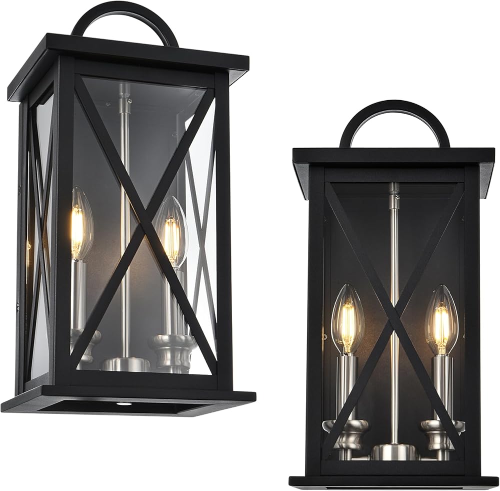 MELUCEE 2 Packs Exterior Light Fixtures Wall Mount in Black Brushed Nickel Finish Waterproof 2-Light Outdoor Wall Lantern with Clear Glass for Porch Front Door Patio Yard Garage