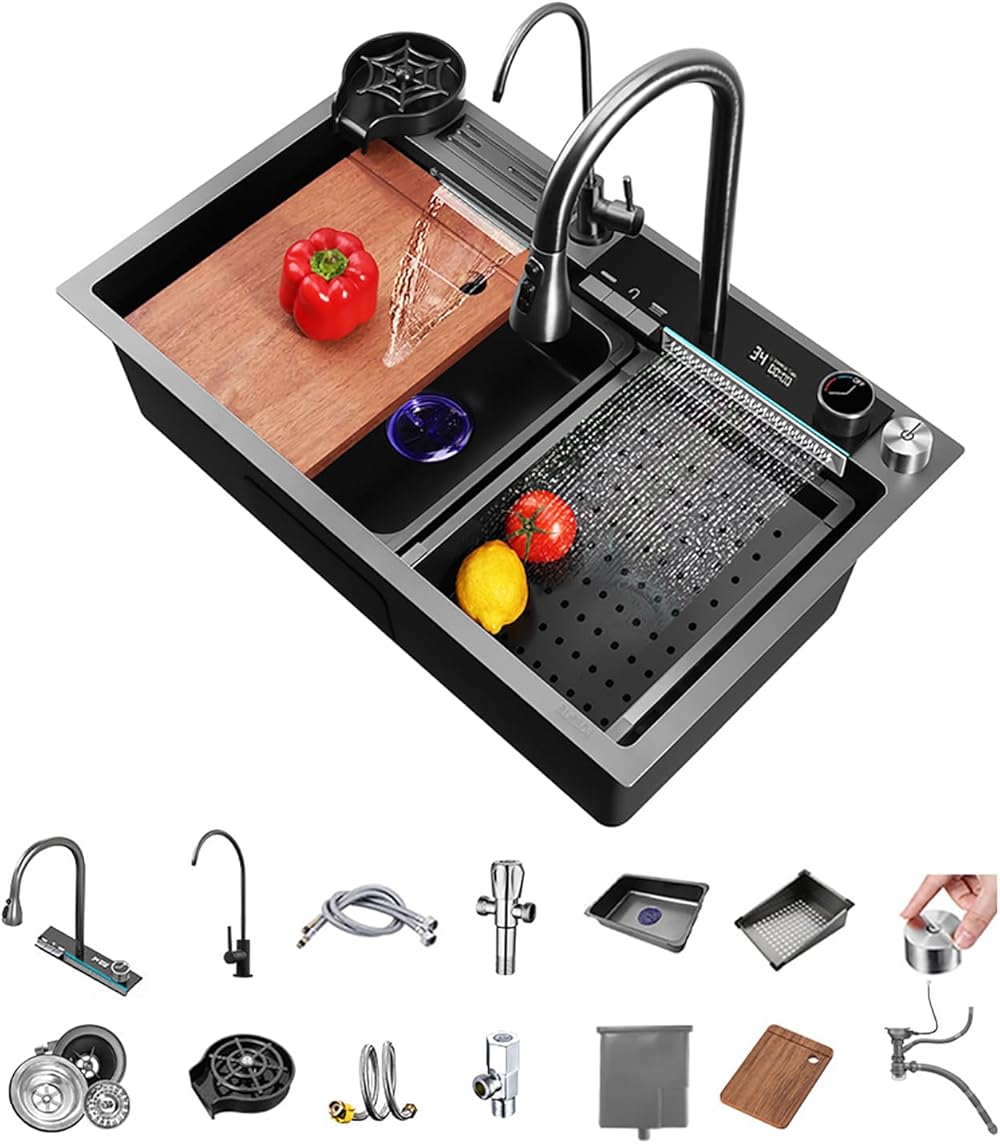 Stainless Steel Waterfall Kitchen Sink Single Bowl Digital Display Handmade Sink, With Pull Down Sprayhead Faucet, Kitchen Sink Workstation with Multiple Accessories (31.5 x 18.1 inch)