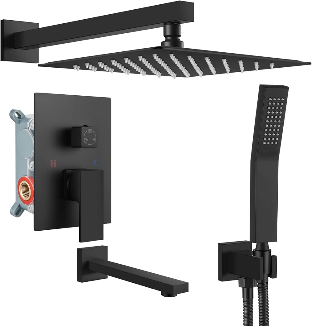 gotonovo Shower System Set with Tub Spout 3 Function Wall Mounted Shower Faucet Combo Rainfall Shower Head and Handheld Spray Rough-in Valve Shower Trim Kit 10 Inch Matte Black