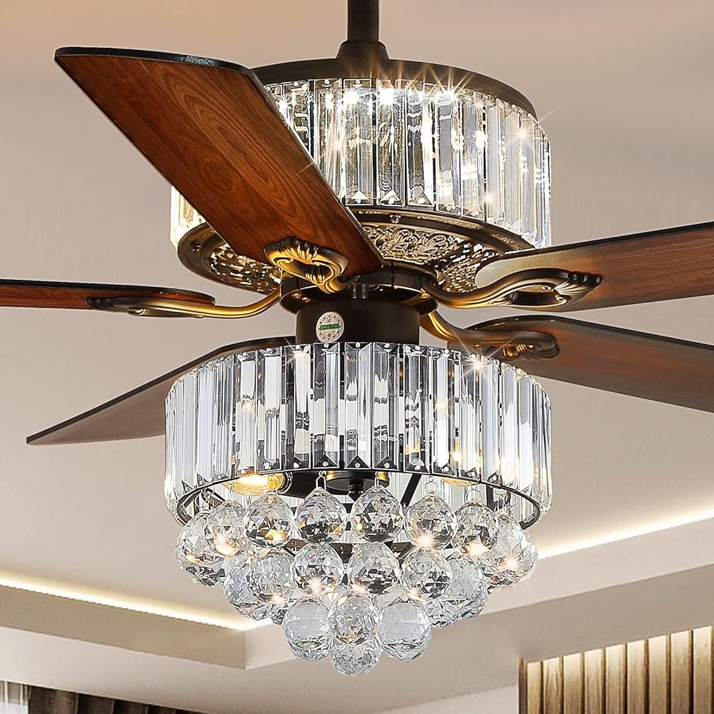 Modern K9 Crystal Fandelier Ceiling Fan with Lights and Remote Control,Outdoor Chandelier Ceiling Fan for Farmhouse,Dining Room,Living Room