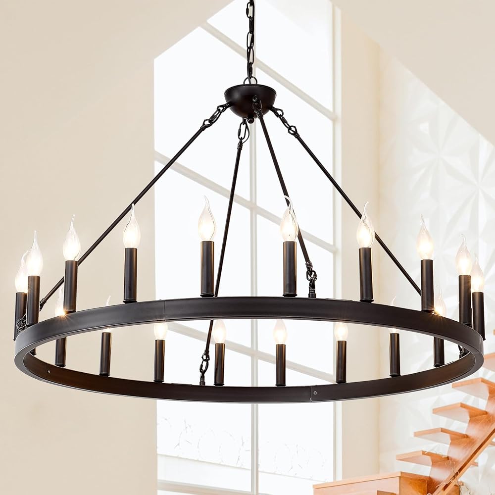 black wagon wheel chandelier 40 inch,20-Light Farmhouse wagon Wheel Chandeliers Round Industrial ceiling light fixtures for outdoor porch high ceilings Living Dining Room Foyer Entryway