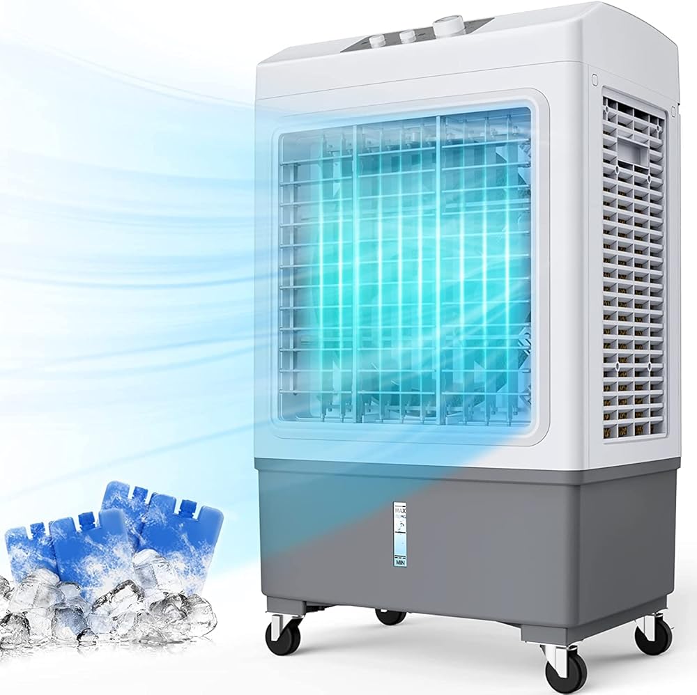 FANCOLE Evaporative Air Cooler, 2100 CFM Windowless Air Conditioner Portable for Room, 3 Speed Swamp Cooler, 4 Ice Packs, 8 Gallon Cooling Fan & 4 Scroll Casters, Evaporative Cooler for Garage Outdoor