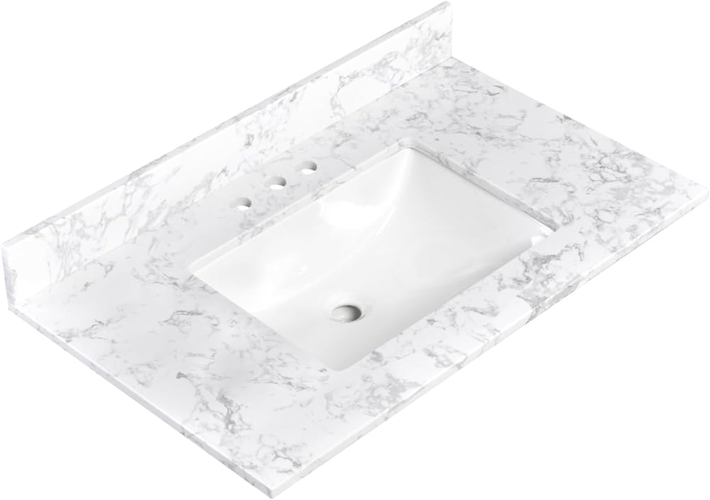 36x22 Inch Bathroom Vanity Tops, White Engineered Stone Vanity Top with Sink, with Middle Sink, Vanity Countertop 8 Inch Faucet 3 Hole Spread with Backsplash (Not included Faucet)