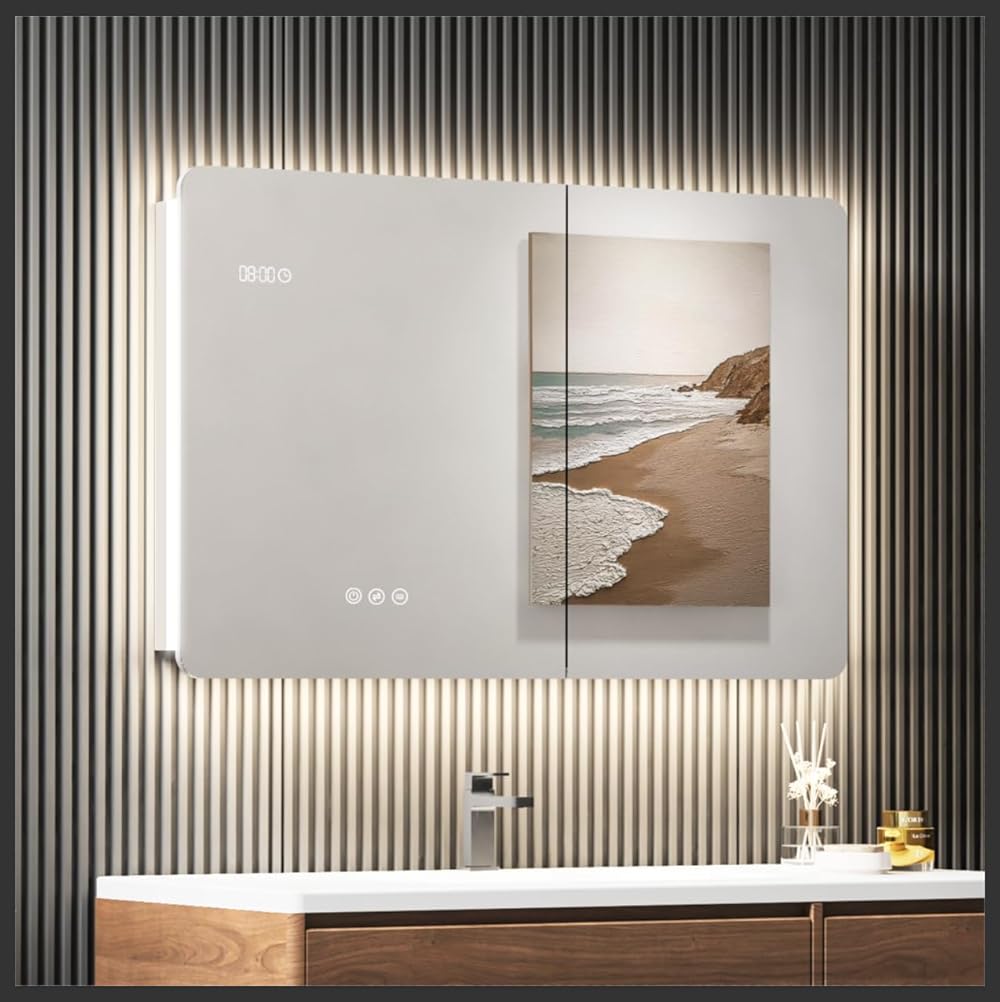 Medicine Cabinet with Lights, 36×24 Inch Lighted Medicine Cabinets with Mirror, Wall Mounted Bathroom Cabinets, Double Door Medicine Cabinet with Defogger, Dimmer, Digital Clock & Temp