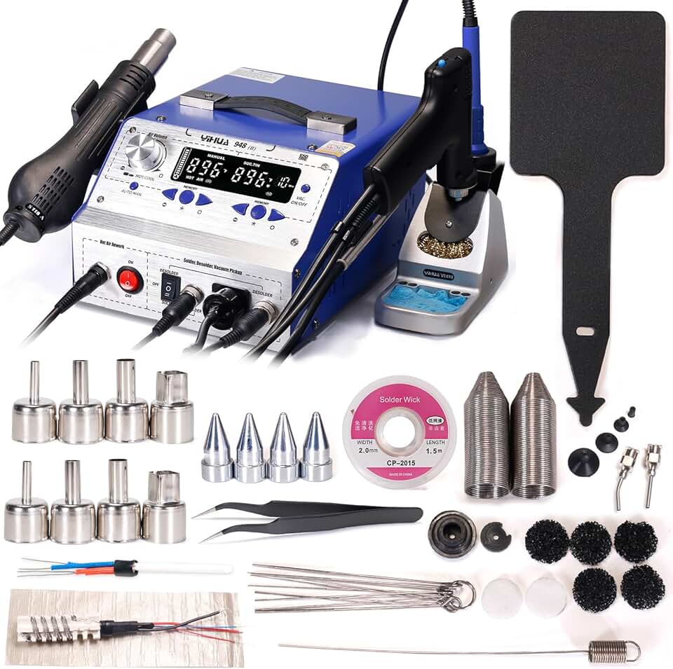 YIHUA 948-II Professional Soldering, Desoldering & Rework Station bundle with #2300 Hot Air Nozzles with Iron Holder, Cleaning Kit, and Accessories (39 Items)