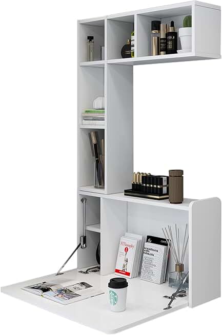 Floating Desk,Wall Mounted Desk Folding,Hidden Pull Down Desk,Space Saving Desk,Folding Wall Desk for Small Space Apartment Bedroom(White)