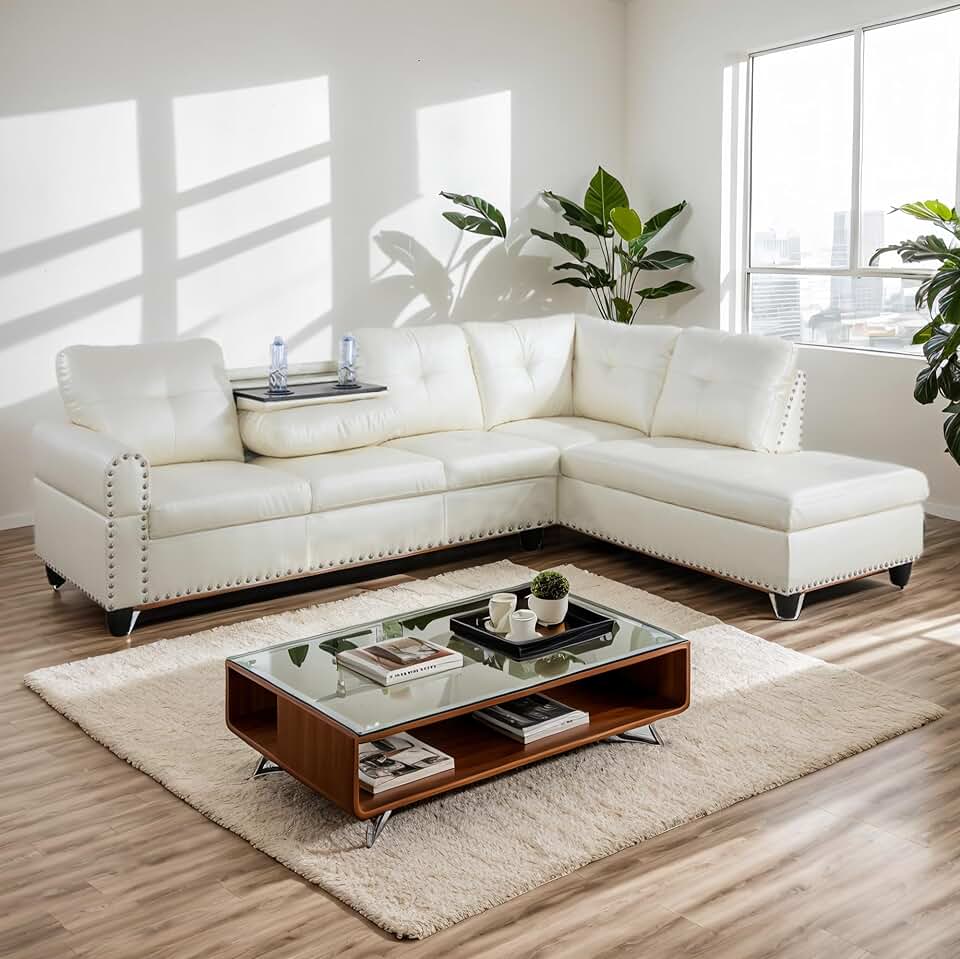 2-Piece Modern L-Shaped Sectional Sofa with Chaise Lounge, Foldable Table & Cup Holders, White Faux Leather Left-Facing Couch for Living Room, Nailhead Trim, 105° Reclining Backrest, 2 Pillows