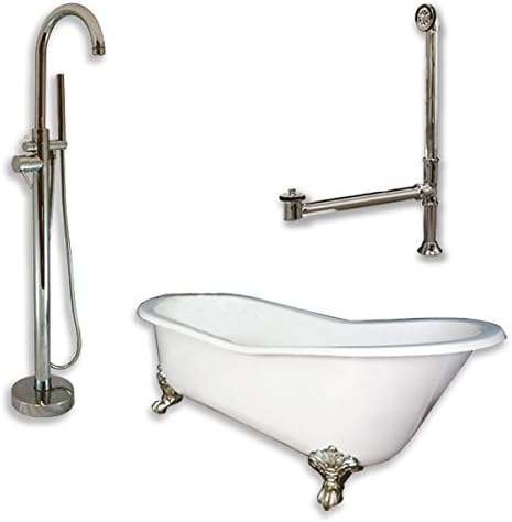 St61-150-pkg-bn-nh Cast Iron Slipper Clawfoot Tub 61 X 30 With No Faucet Drillings And Complete Brushed Nickel Modern Freestanding Tub Filler With Hand Held Shower Assembly Plumbing Packagein Faux Copper