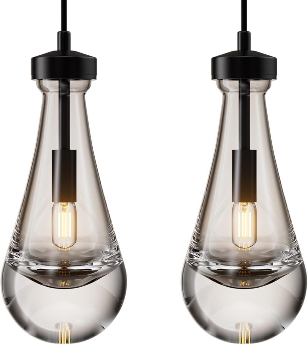 Pendant Light Fixtures,Modern Pendant Lights Kitchen Island,Matte Black Hanging Lights with Raindrop Glass for Living Room Hallway Bedroom Dining Hall Office Bar Farmhouse