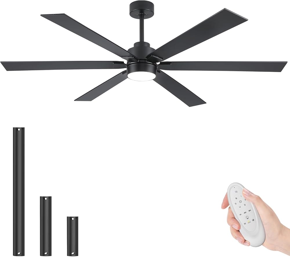 66 Inch Large Outdoor Ceiling Fans for Patios with Lights, Modern Black Ceiling Fan with Light and Remote, 6 Blades Reversible DC Motor Ceiling Fan for Indoor Living Room Porch Gazebo Commercial