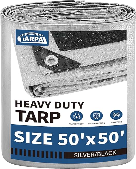 TARPAL 50x50 Tarps Silver 10.5Mil Multipurpose Protective Cover Heavy Duty Tarp Snow or UV Protection Waterproof,Lightweight, Durable Reinforced Edges