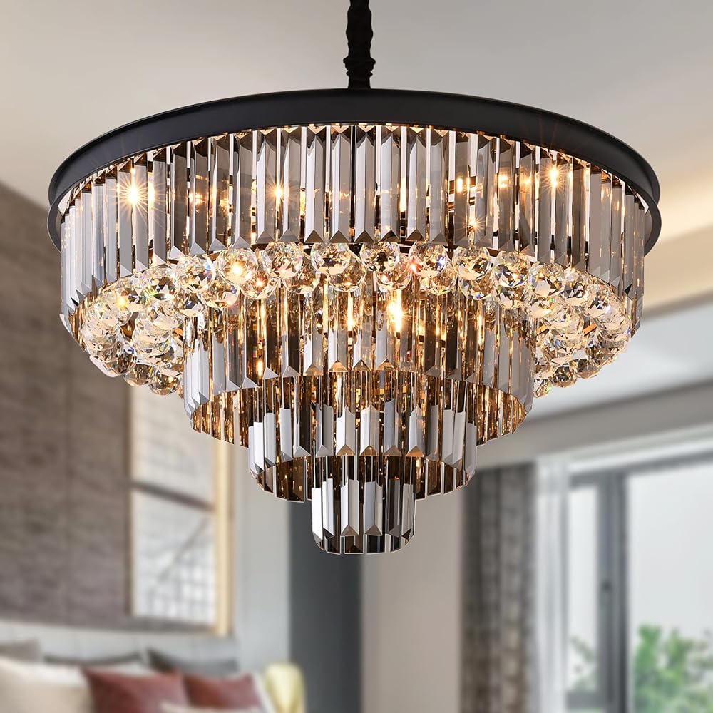 12-Light Modern Crystal Chandelier 5-Tier Large Contemporary Crystal Chandeliers with K9 Smoky Gray Crystal&Clear Raindrop Crystal for Living Room Dining Room Duplex House Hotel, Dia 28