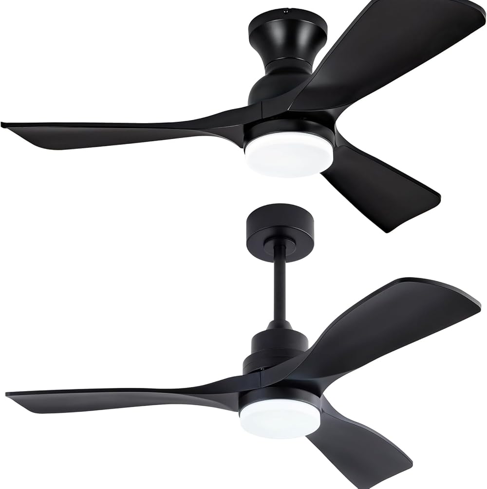 XBIBI 42 inch Ceiling Fans with Lights,Downrod Mount and Flush Mount 2-Pack,3 Color LED Light, Reversible DC Quiet Motor Modern Black Ceiling Fan for Bedroom Indoor Outdoor