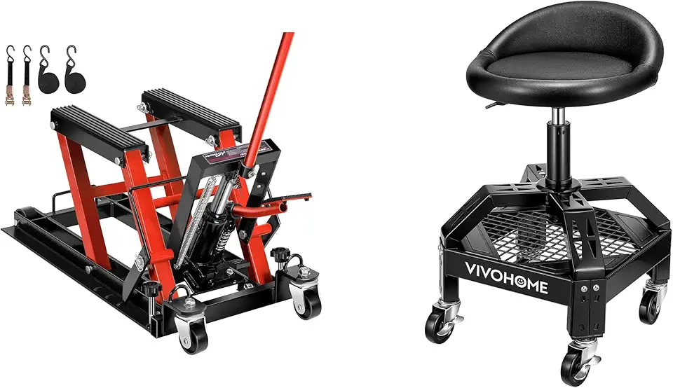 VIVOHOME Hydraulic Motorcycle Lift Jack 1500 LBS Capacity Steel ATV Lifts Stand Hoist with Wheels with VIVOHOME Rolling Shop Stool Adjustable Height 360 Degree Swivel Stool with Tool Tray Storage