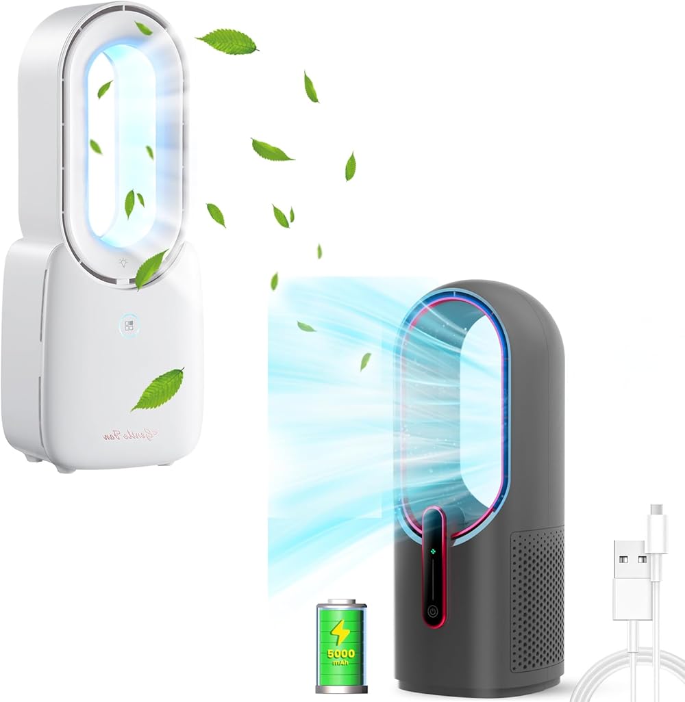 Misby Desk Fan, Portable Bladeless Fan 4 Wind Speed & 5 LED Light, 11.8 Inch Desktop Fan Small Quiet Touch Control Upgraded Personal Cooling Fan for Office, Bedroom,Table