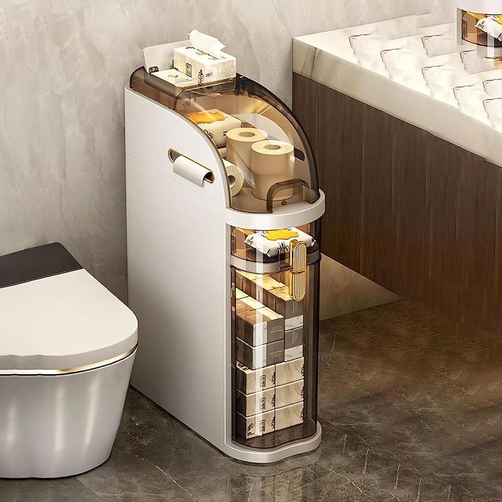 4 Tier Bathroom Floor Storage Cabinet 7in Narrow Tall Slim Bathroom Storage Tower with Clear Drawers and Casters Side Storage Organizer Cabinet for Tiny Kitchen Laundry Toilet Gap Large Capacity