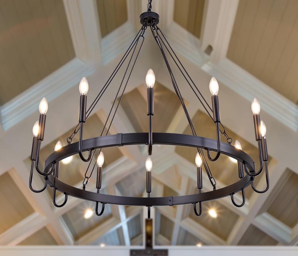 Matte Black Wagon Wheel Chandelier, 12-Light Large Black Chandelier for High Ceiling, Industrial Wagon Wheel Pendant Light for Dining Room, Entryway, Hallway, Living Room, 39.37Inch Dia