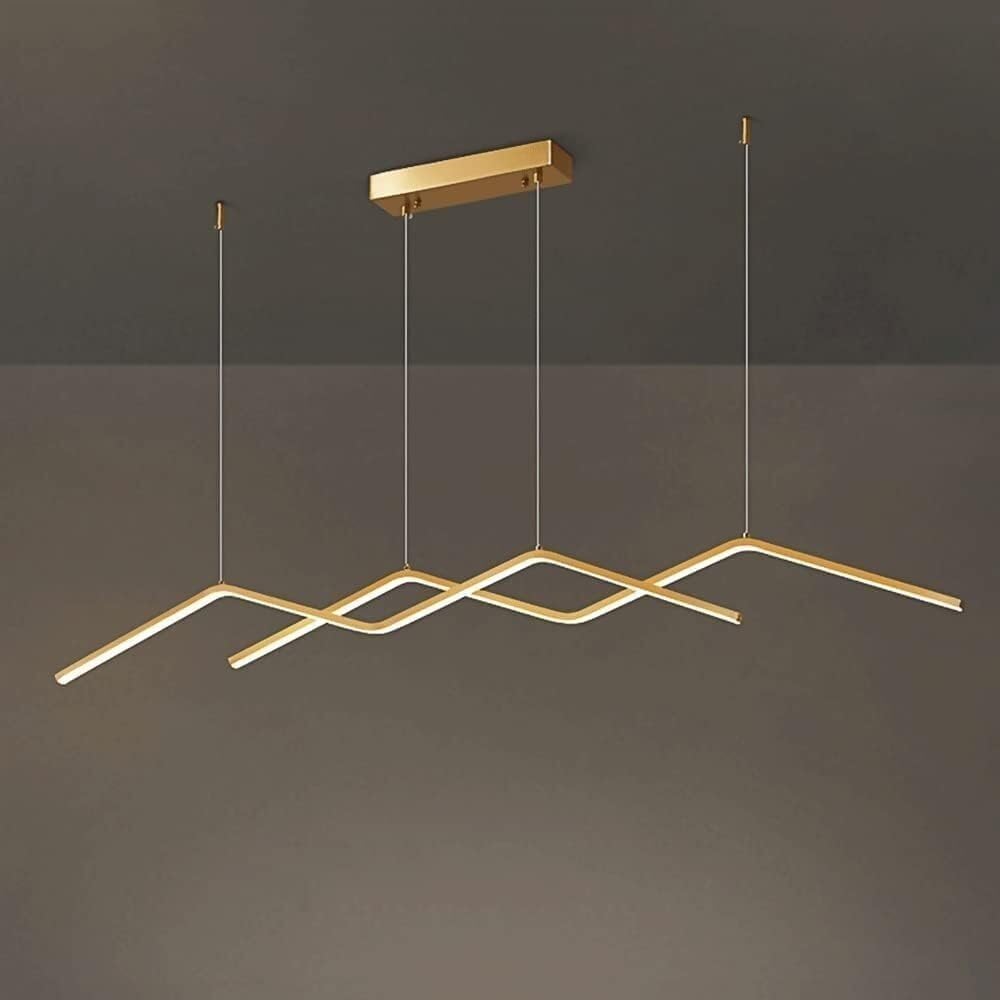 Modern Simple LED Pendant Light Linear Brass Chandelier Dining Room Hanging Lamp Copper Long Bar Suspension Lamp Nordic Home Decoration Minimalist Drop Lights for Kitchen Island 3 Color Mode