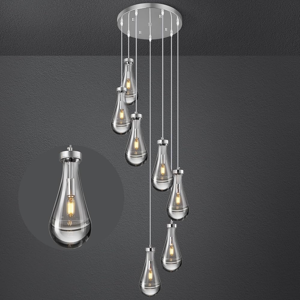 Raindrop Pendant Lights Kitchen Island Teardrop Chrome Hanging Light Fixtures Clear Solid Glass Pendant Light Modern Chandeliers for Dining Room Porch Corridor Living Room(7-Light)