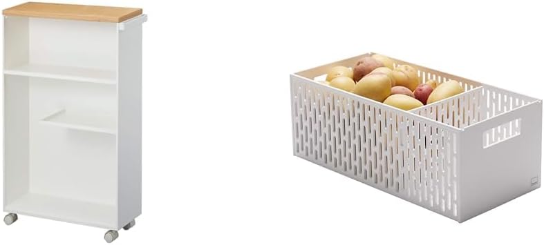 YAMAZAKI Home Rolling Slim Bathroom Utility Cart with Handle - Storage Shelf Narrow Organizer Rack & Home Stacking Baskets/Fruit Basket/Vegetable Basket ABS Plastic One Size White