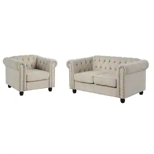 Morden Fort Linen Couches for Living Room Sets, Chair and Loveseat 2 Pieces Top Beige