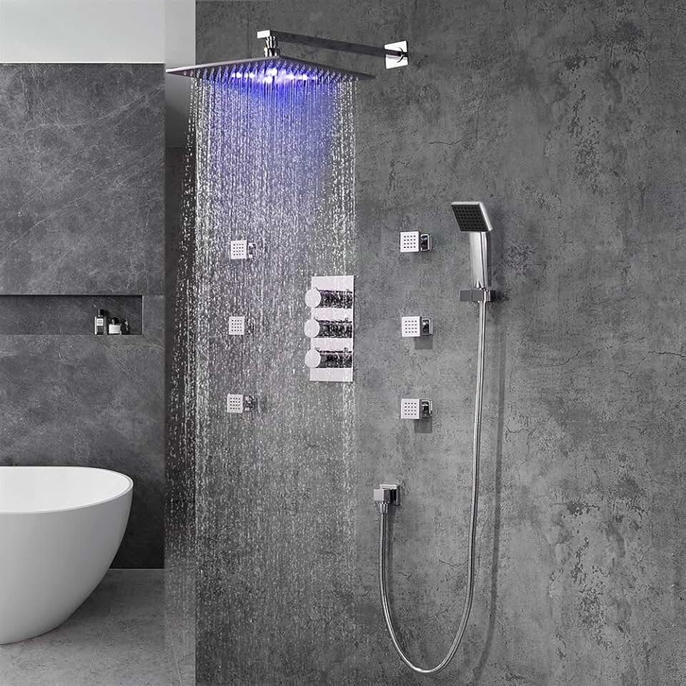 Trialo Color Changing LED Shower Set- LED-SHOWER-HEAD-0522GO With 6 Body Jets & Square Rain Showerhead Regular Mixer Shower Set Polished Chrome - 12 Inch