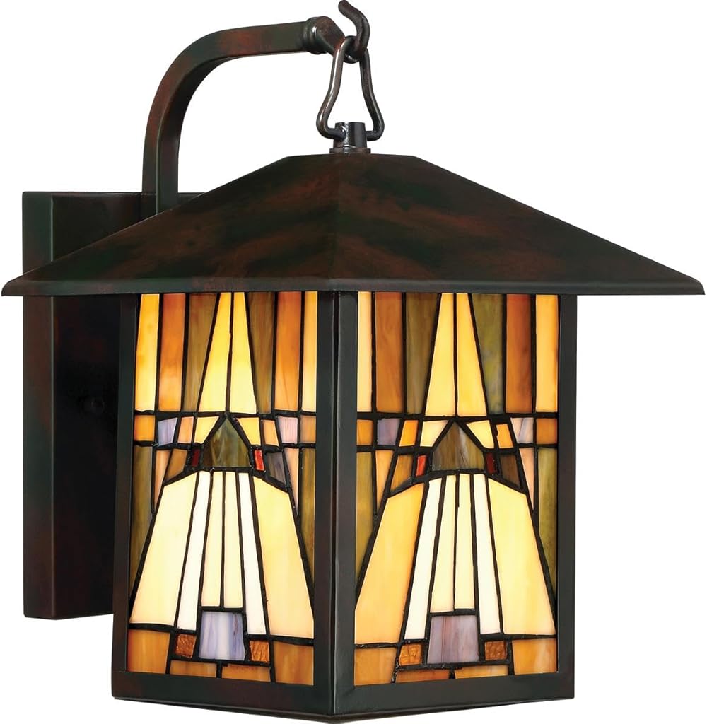 TFIK8409VA Inglenook Exterior Lighting Tiffany Style Classic Geometric Handcrafted Orange Yellow Brown Art Glass Outdoor Wall Lantern, 1-Light 100 Watt, 12