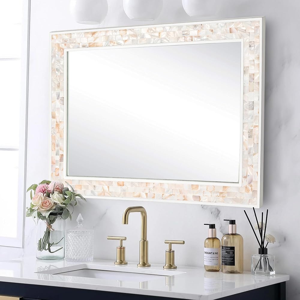 30 x 40 Inch Rectangle Wall Mirror, Mother of Pearl Framed Rectangular Mirror for Bathroom, Vanity, Bedroom, Living Room, Entryway, Wall Mounted Horizontal or Vertical, White