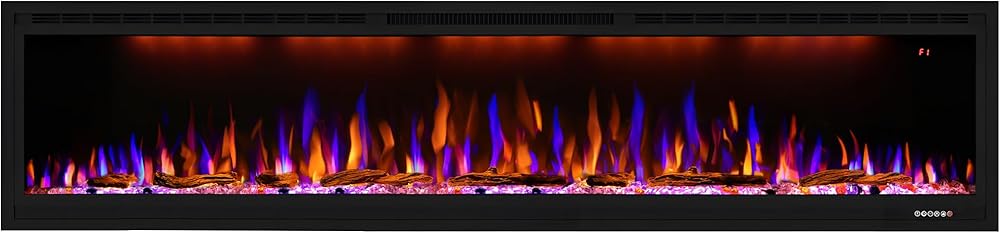 Electric Fireplace 74 inch, Recessed Wall Mounted Fireplace Heater, Logs & Crystal, Multicolor Flame Combinations, Overheating Protection, Black (74