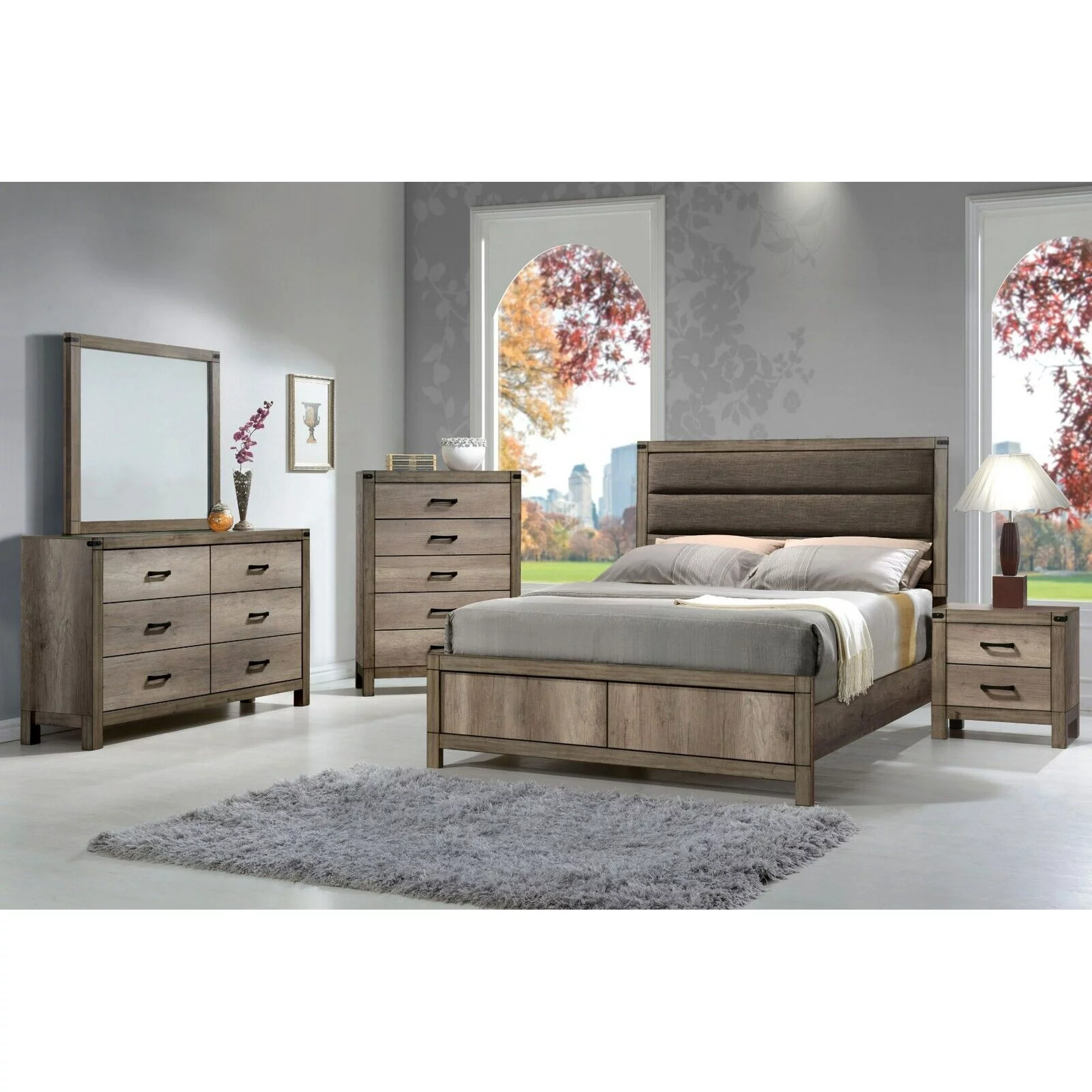 Contemporary 4pc Bedroom Set Upholstered Full Size Bed Dresser Mirror and Nightstand Light Brown Wood Finish Furniture