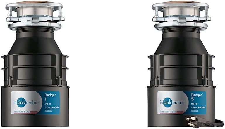 InSinkErator Garbage Disposal, Badger 1, Standard Series, 1/3 HP Continuous Feed, Black & Garbage Disposal with Power Cord, Badger 5, Standard Series, 1/2 HP Continuous Feed, Black